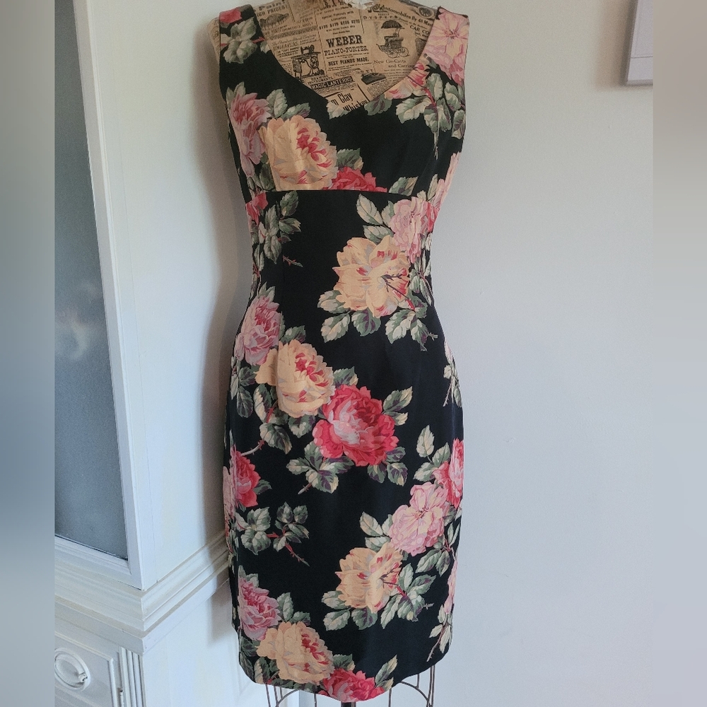 Black Floral Sheath Dress with Reddish Pink & Cream Roses